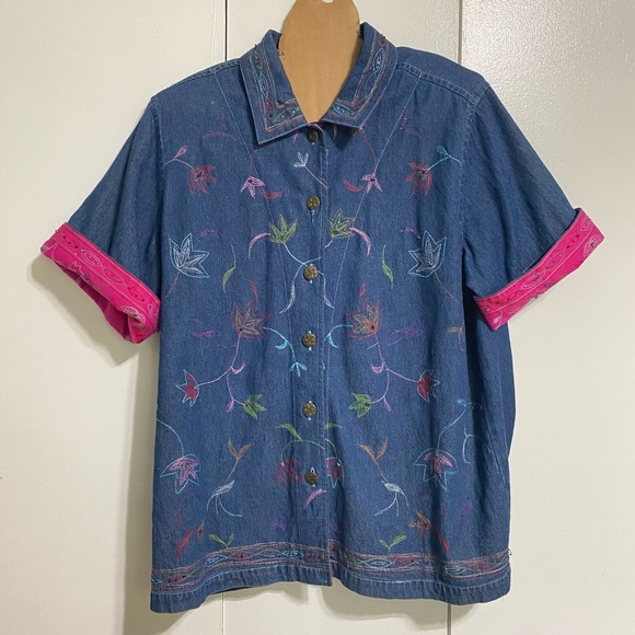 COUNTRY WEAR Vintage Denim Beaded Short Sleeve Shacket Pink Floral Large Petite - Picture 12 of 16
